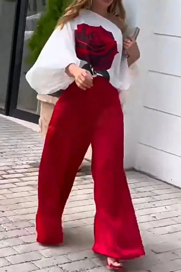 Red Wide-Leg Slash-Neck Pant Set