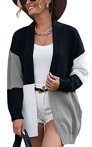 Womens Cardigan Color Block Striped Draped Kimono Cardigans Long Sleeve Open Front Casual Knit Sweaters Coat Outwear