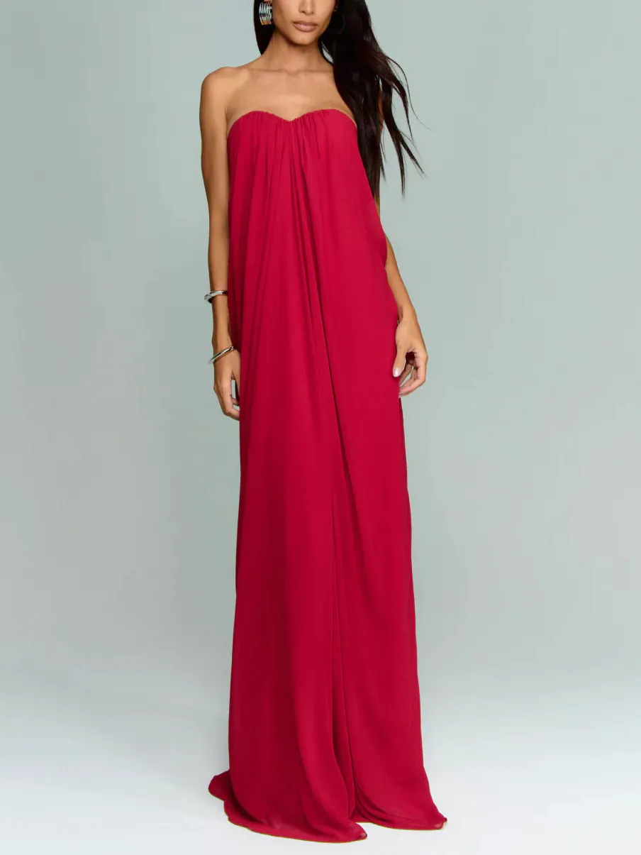 Strapless A Line Pleated Maxi Dress