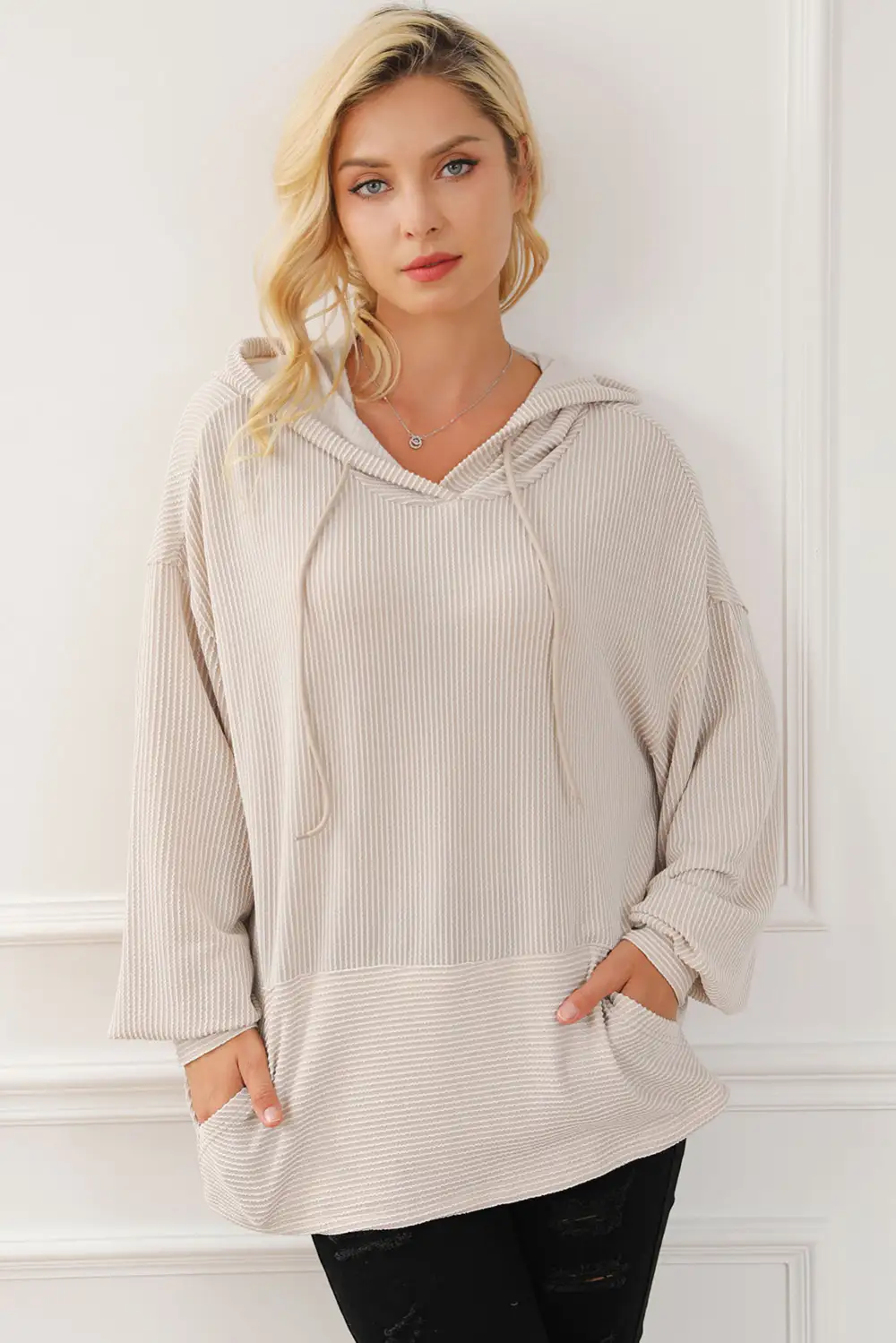 Corded Drop Shoulder Kangaroo Pocket Hoodie