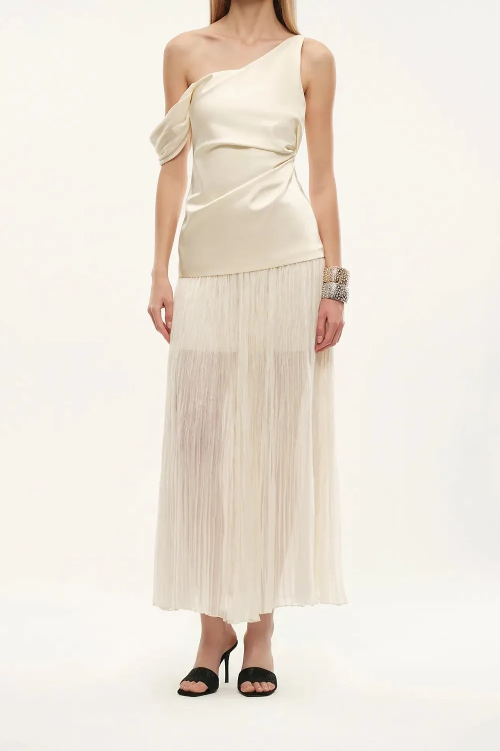 One Shoulder Pleated Ruched Silk Maxi Dress