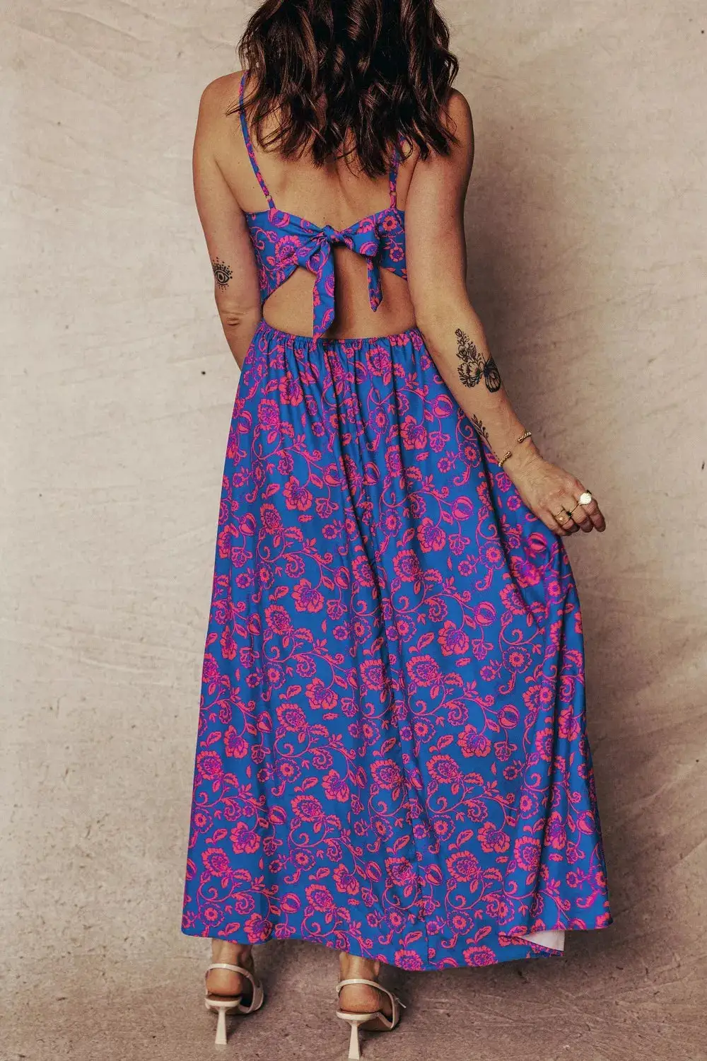 Classic Floral Print Twisted V Neck Tied Backless Maxi Dress