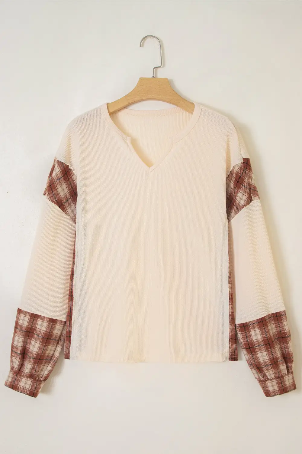 Plaid V Neck Waffle Knit Relaxed Cotton Blend Long Sleeve Top