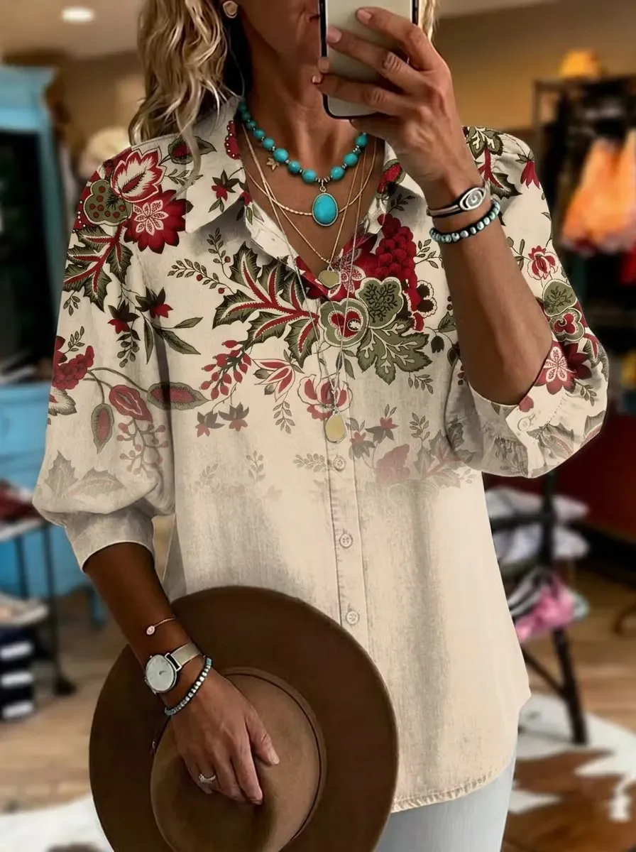 Women's Retro Floral Casual Puff Sleeve Shirt