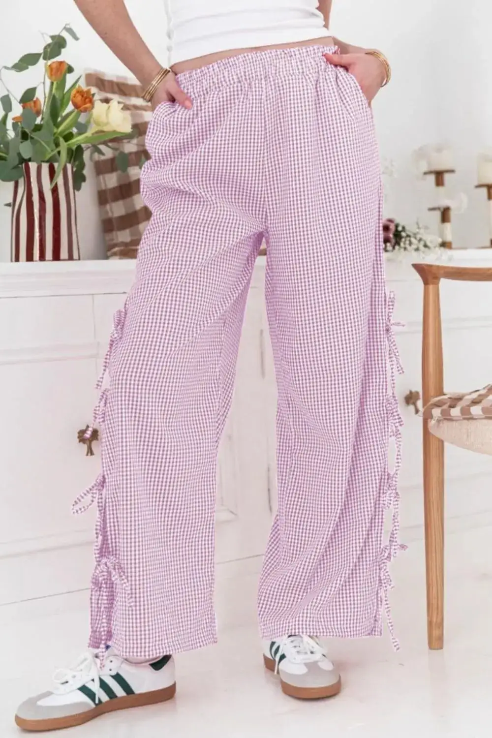 Tie Waist Pocketed Side Tie Slit Detail Pants