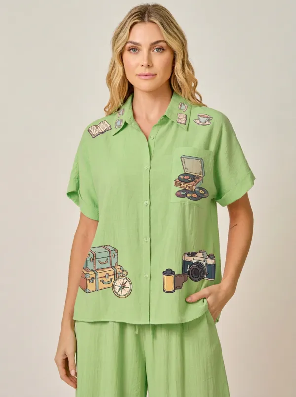 Women's Travel Hobby Record Camera Printed Button-Up Shirt