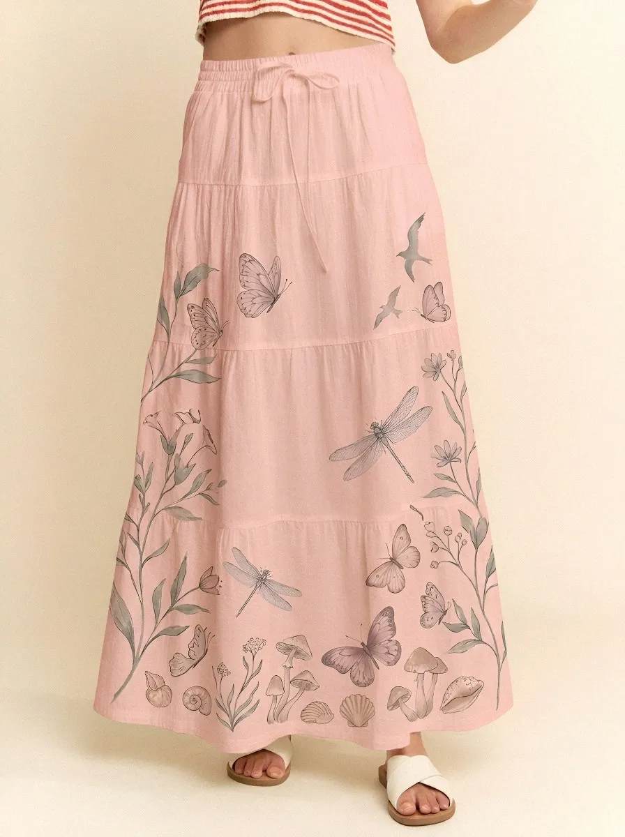 Women's Nature Lover Butterfly Dragonfly Mushroom Printed Maxi Skirt