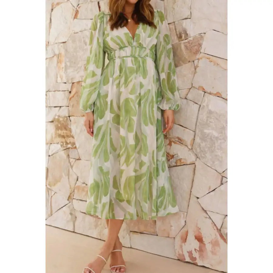 Printed V-neck Long Sleeve Midi Dress