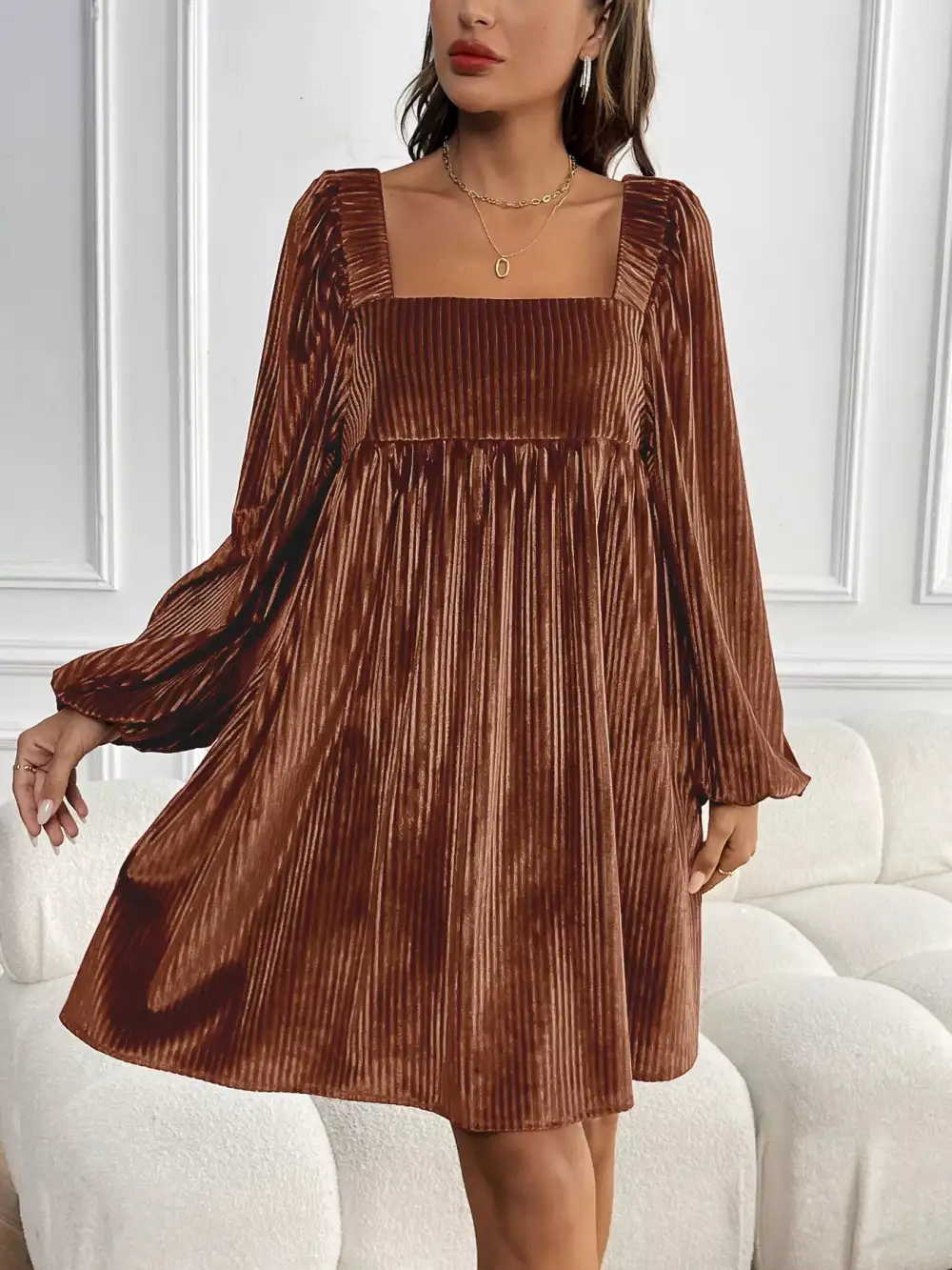 Soft Touch Velvet Square Neck Long Sleeve Dress