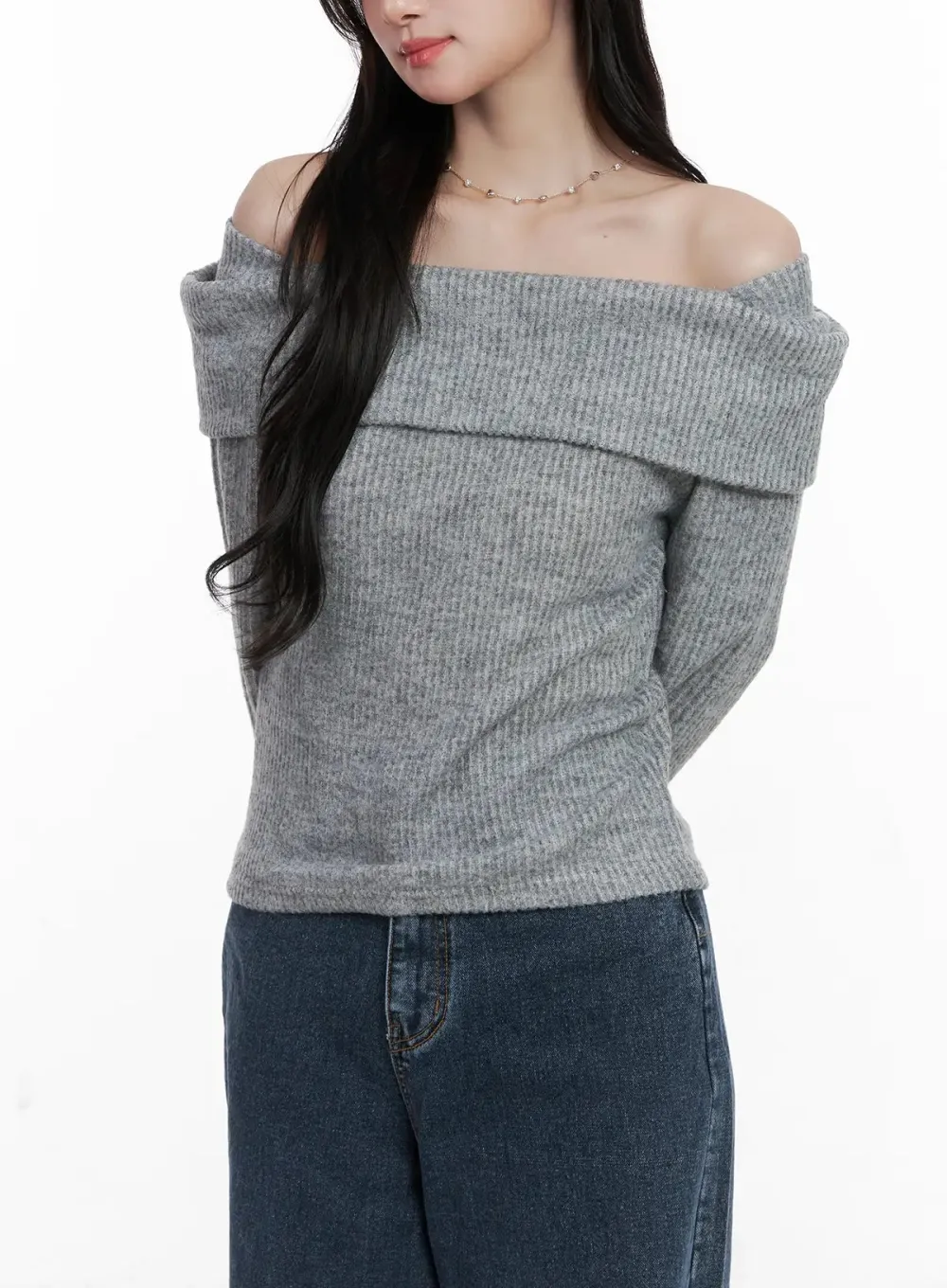 Ribbed Off-Shoulder Long Sleeve Top