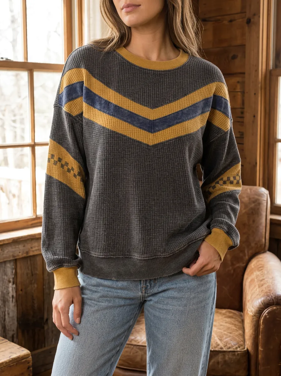 Women's Chevron Striped Waffle Knit Crewneck Sweatshirt