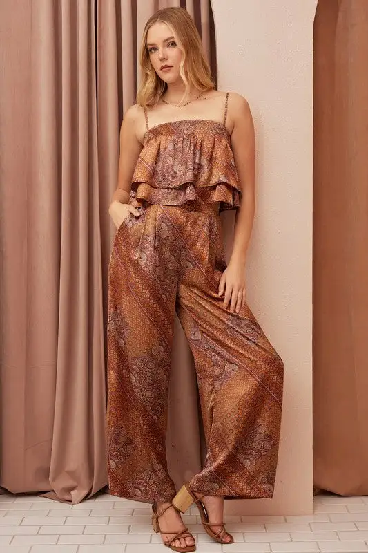 Patchwork Print Satin Wide Leg Pants
