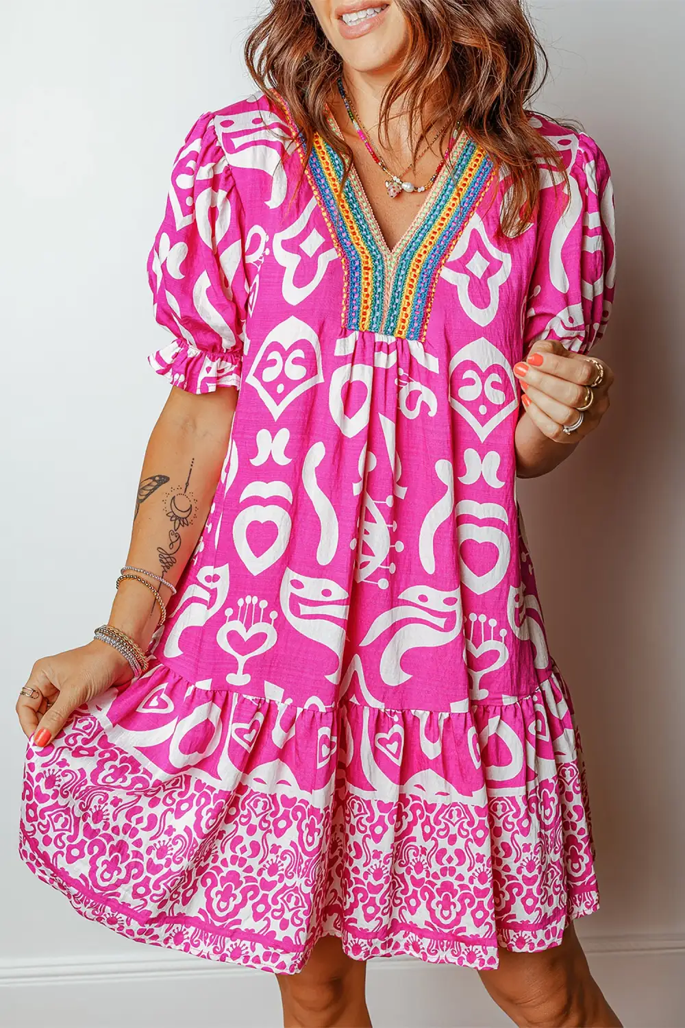 Women's Printed V Neck Short Sleeve Flared Mini Dress