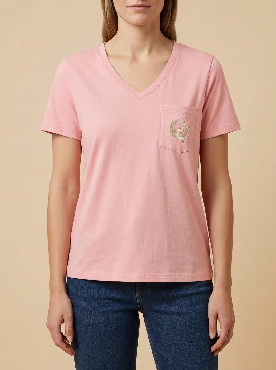 Women's Moon Embroidered Pocket V-Neck T-Shirt