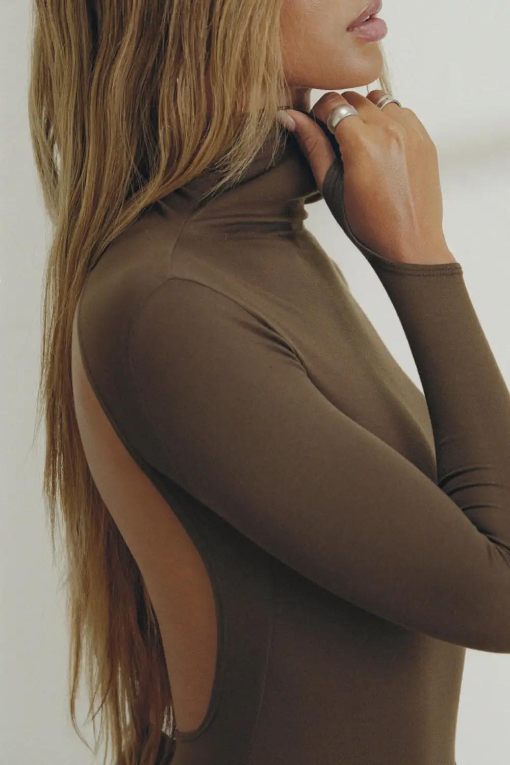 Turtleneck Open Back Fitted Long Sleeve Top