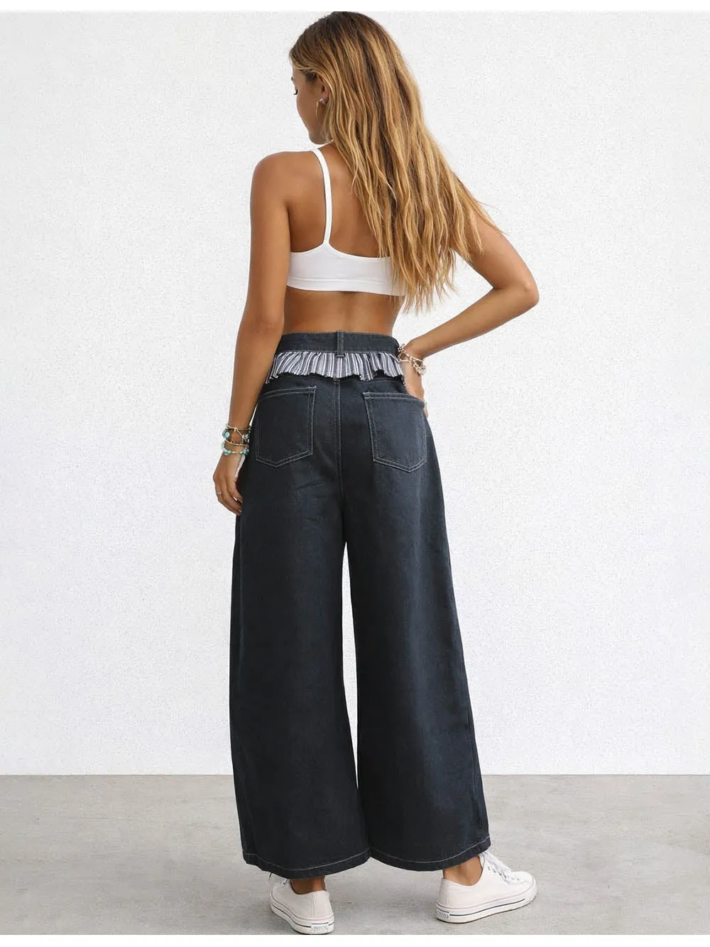 Checked Panel Button Pocket Barrel Leg Denim Pants