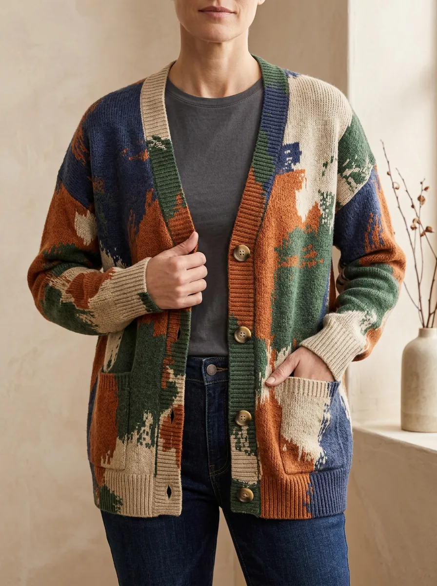 Women's Abstract Colorblock Pattern Printed Cardigan