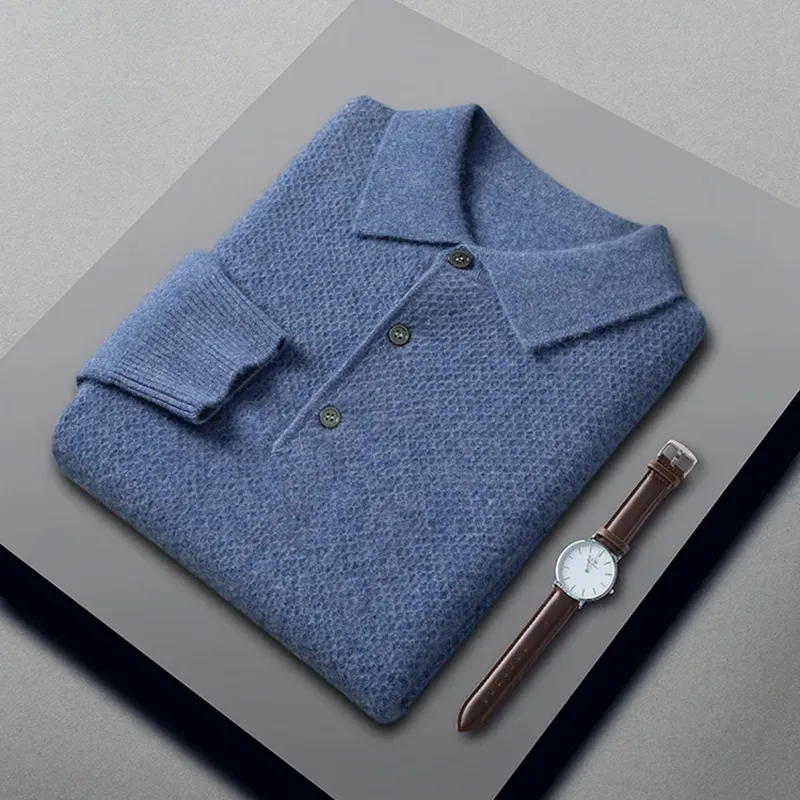 Cashmere Turn Down Collar Button Front Thick Knit Men's Sweater