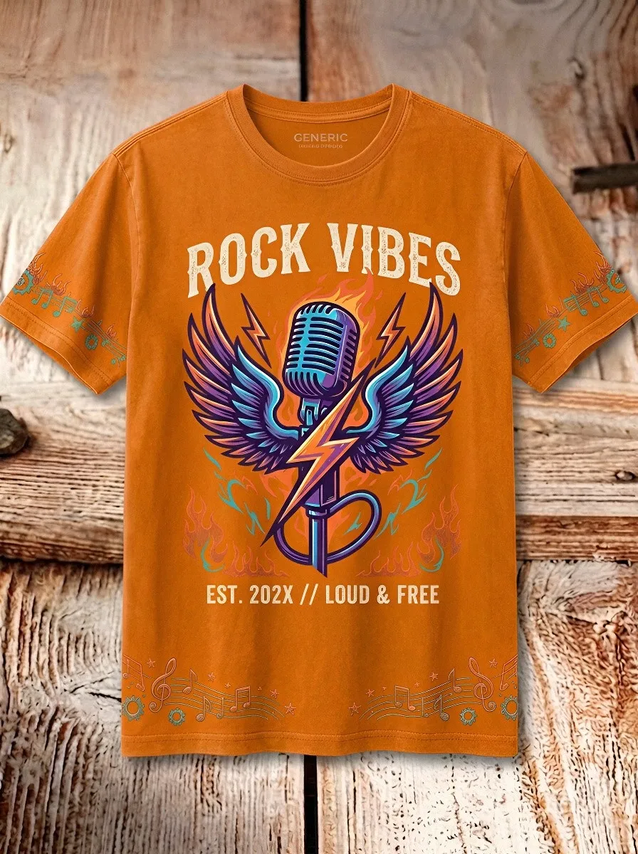 Unisex Rock Music Lover Flaming Microphone Wing Printed T-shirt
