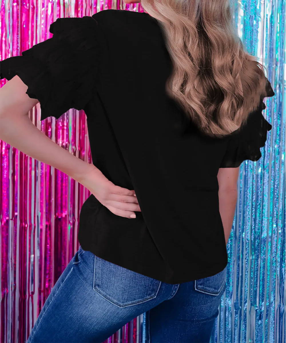 Black Tulle Ruffle Sleeve Blouse