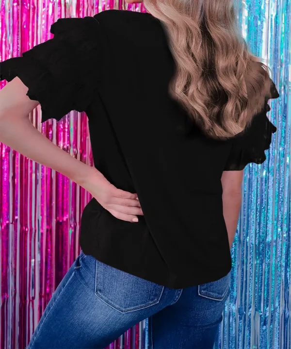 Black Tulle Ruffle Sleeve Blouse