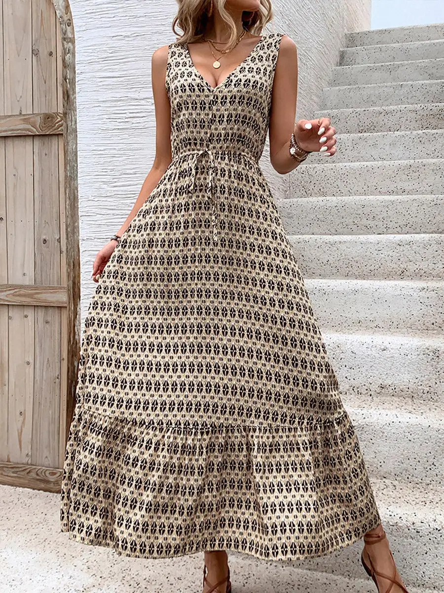 High Printed Sleeveless Neck Maxi Dress