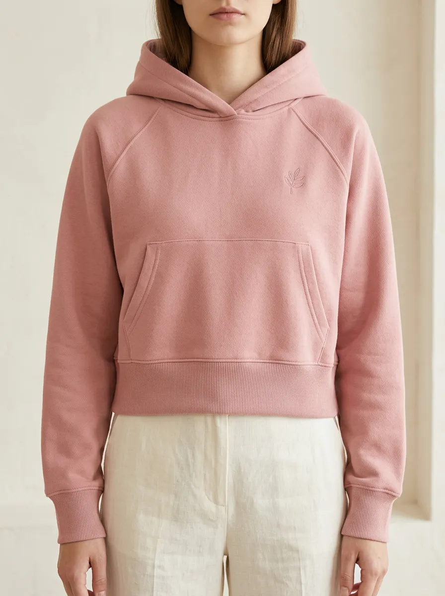 Women's Minimalist Leaf Logo Solid Pink Embroidered Hoodie