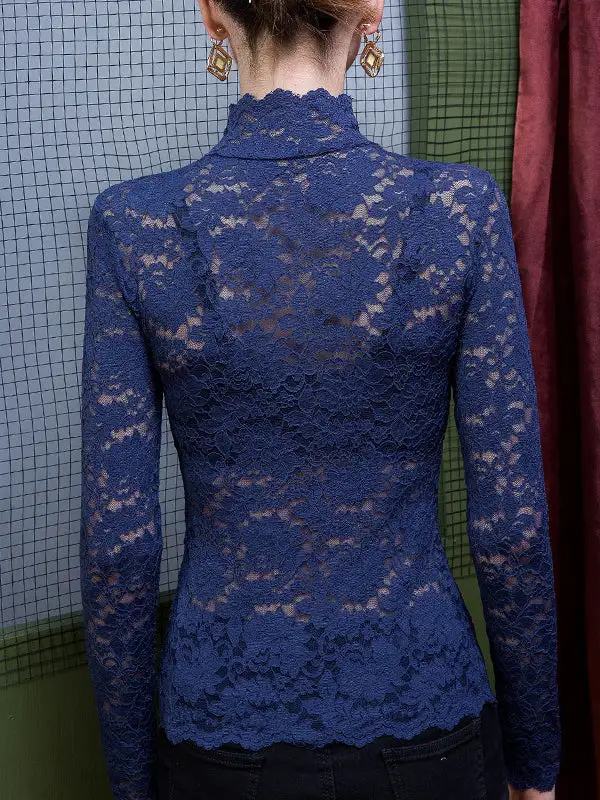 Long Sleeve Curve Fit Gauze Sheer Panel Detail High Neck T-Shirt