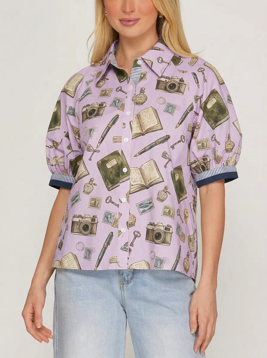 Women's Vintage Stationery Camera Book Graphic Button-Up Shirt