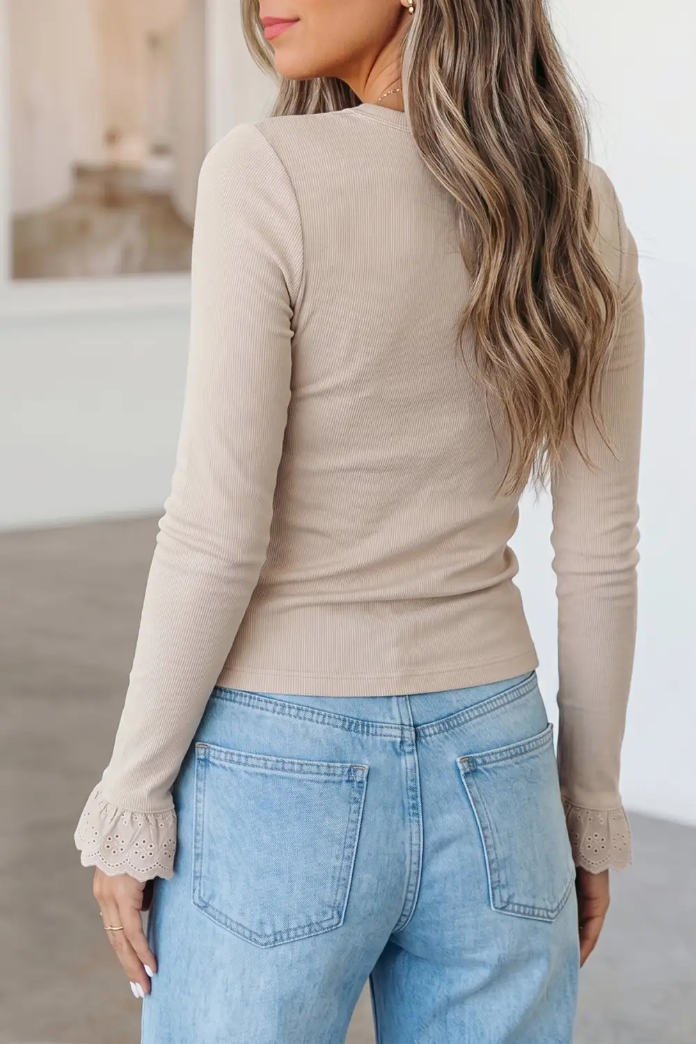 Patchwork Round Neck Viscose Blend Long Sleeve Top