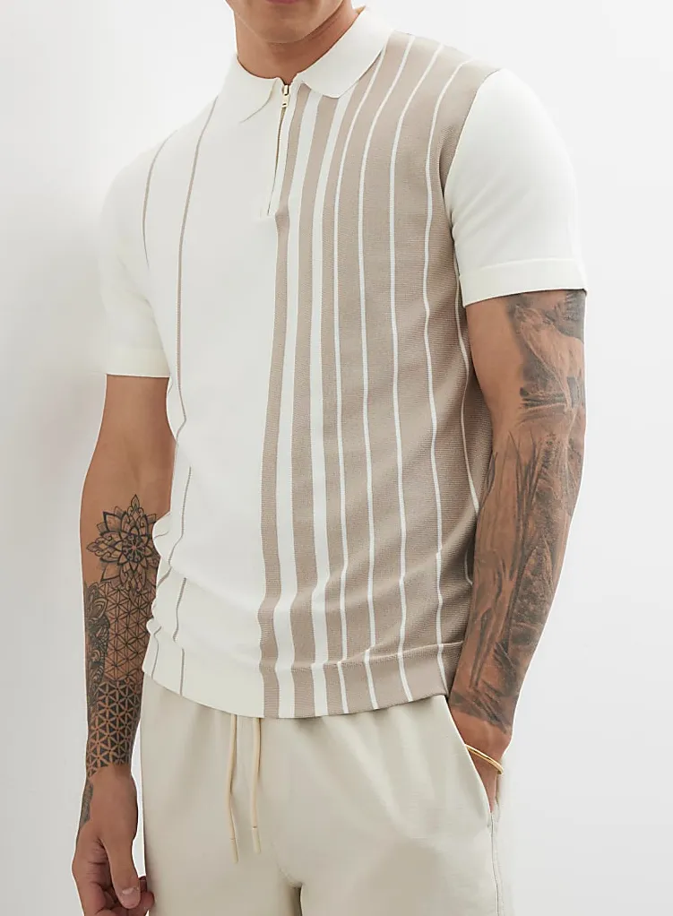 Men's White Slim Fit Light Khaki Striped Zip-Neck Polo Shirt