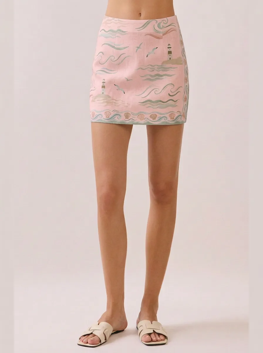 Women's Coastal Beach Lover Lighthouse Seashell Printed Mini Skirt