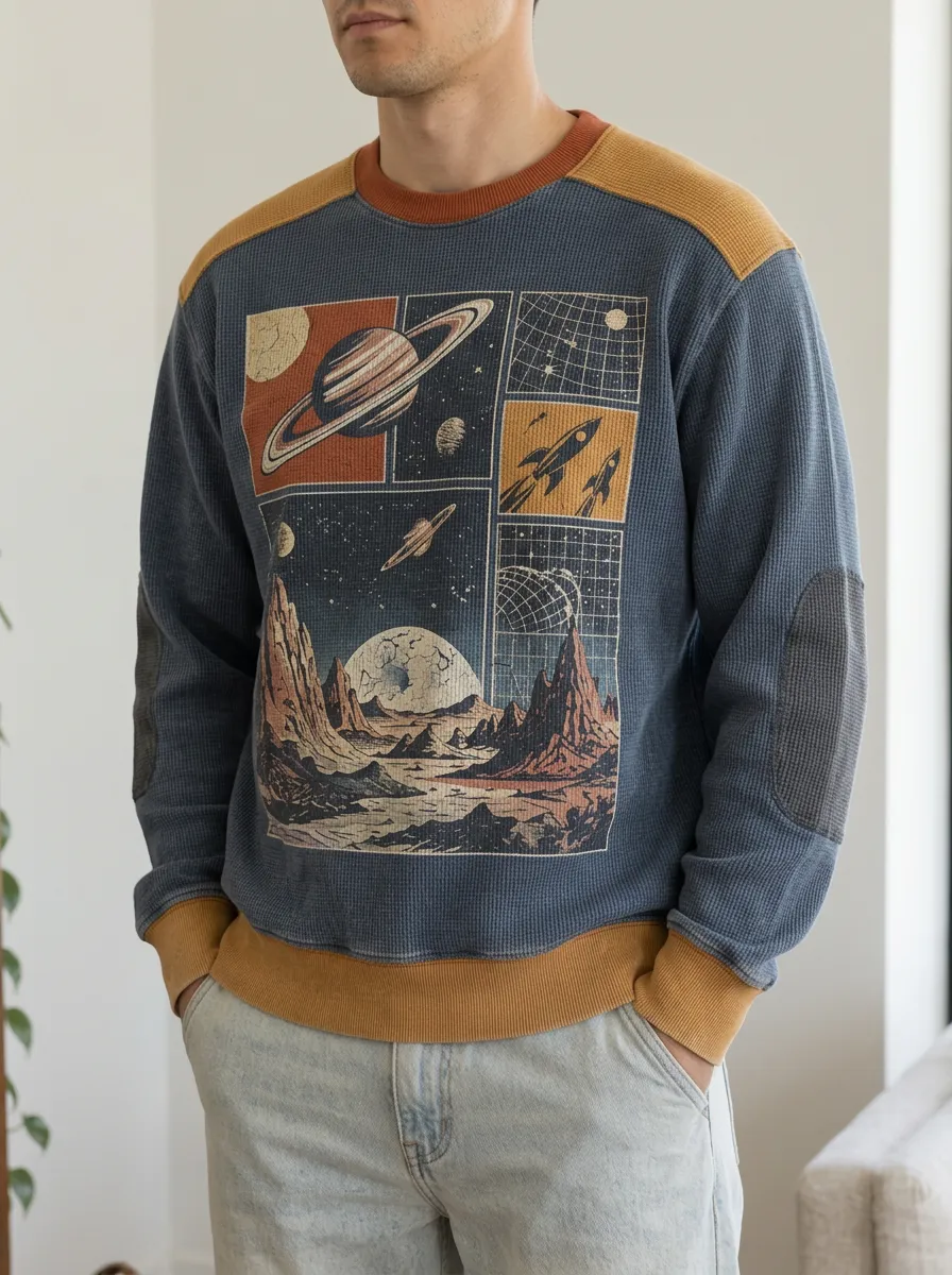 Men's Blue Graphic Textured Waffle Knit Crewneck Sweatshirt