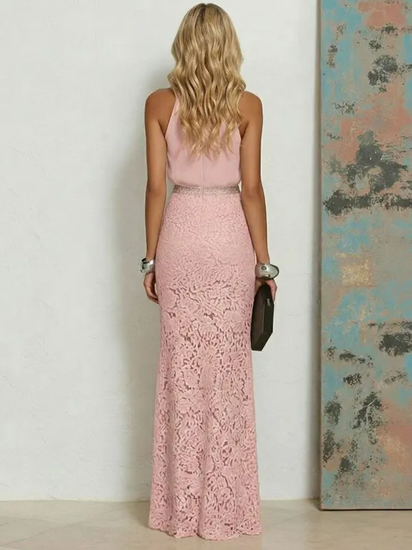 Chiffon Lace Backless Mermaid Maxi Dress