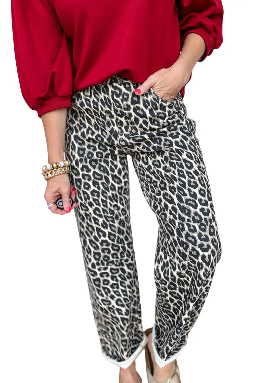 Barrel-Leg Leopard-Print Straight Leg Jeans