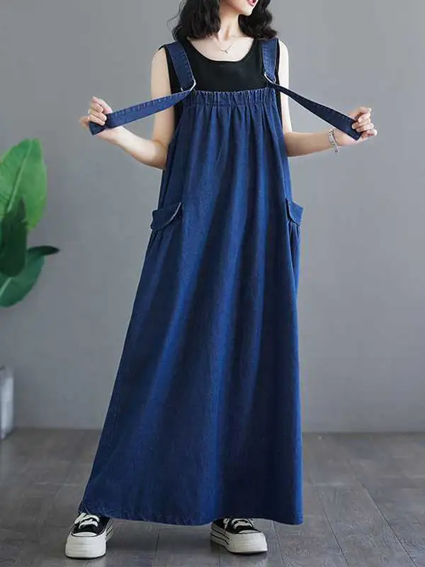 Suspender Pleated Neck Maxi Dress