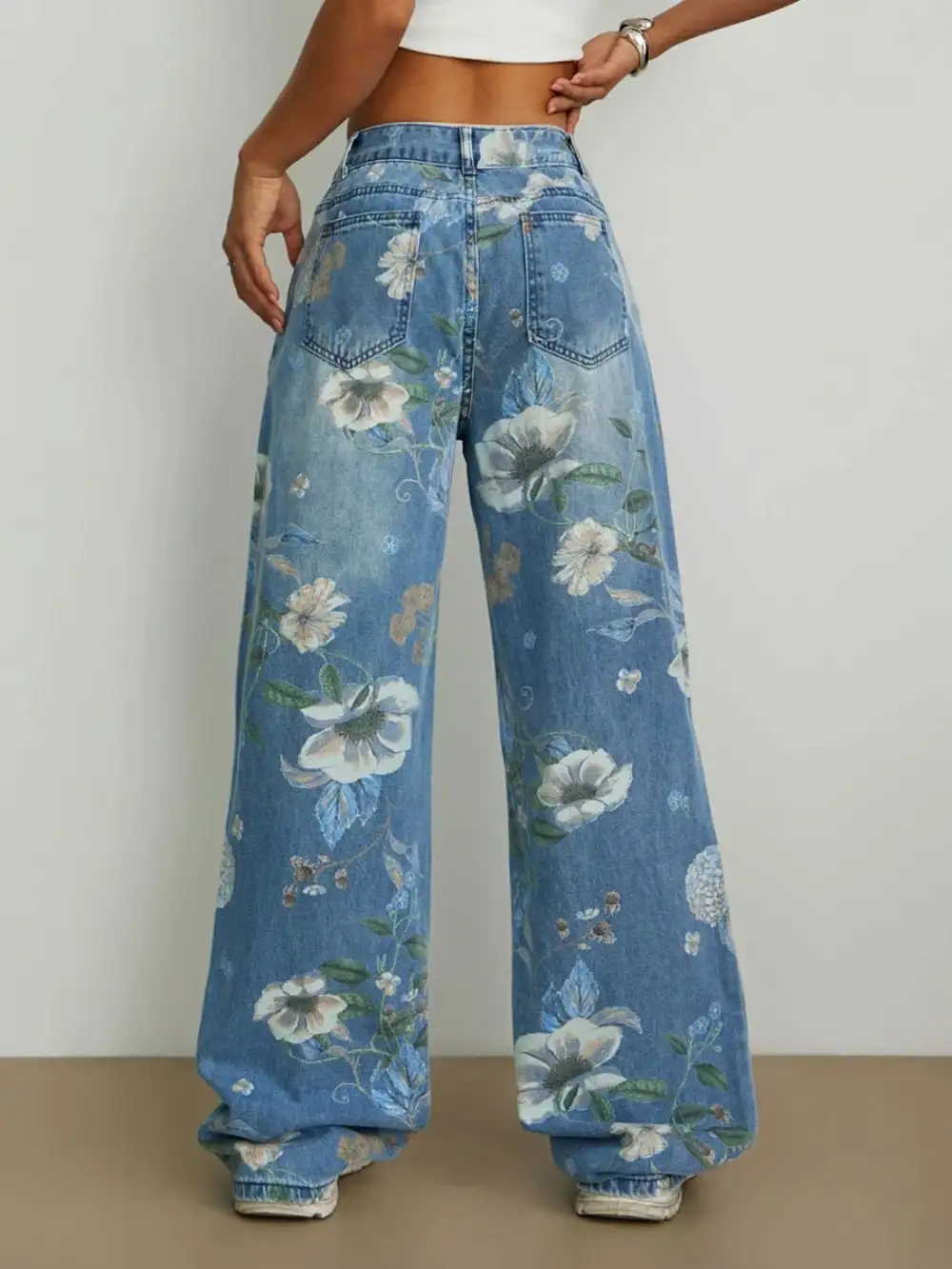 Floral Print Wide Leg Denim Jeans