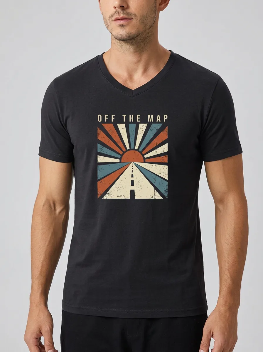 Men's Travel Adventure Off The Map Retro Sunset Printed V-Neck T-Shirt