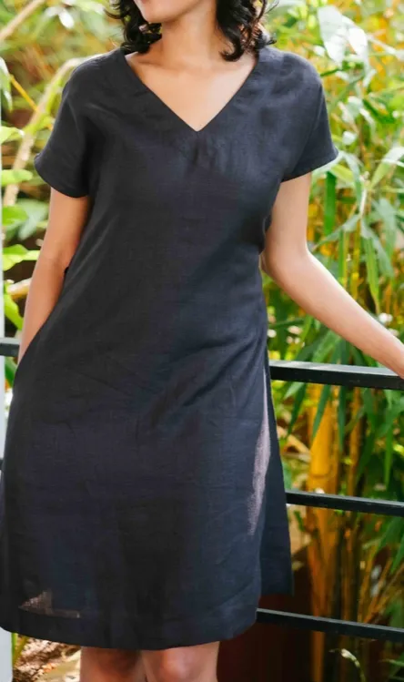 Black Linen V-Neck Shift Dress