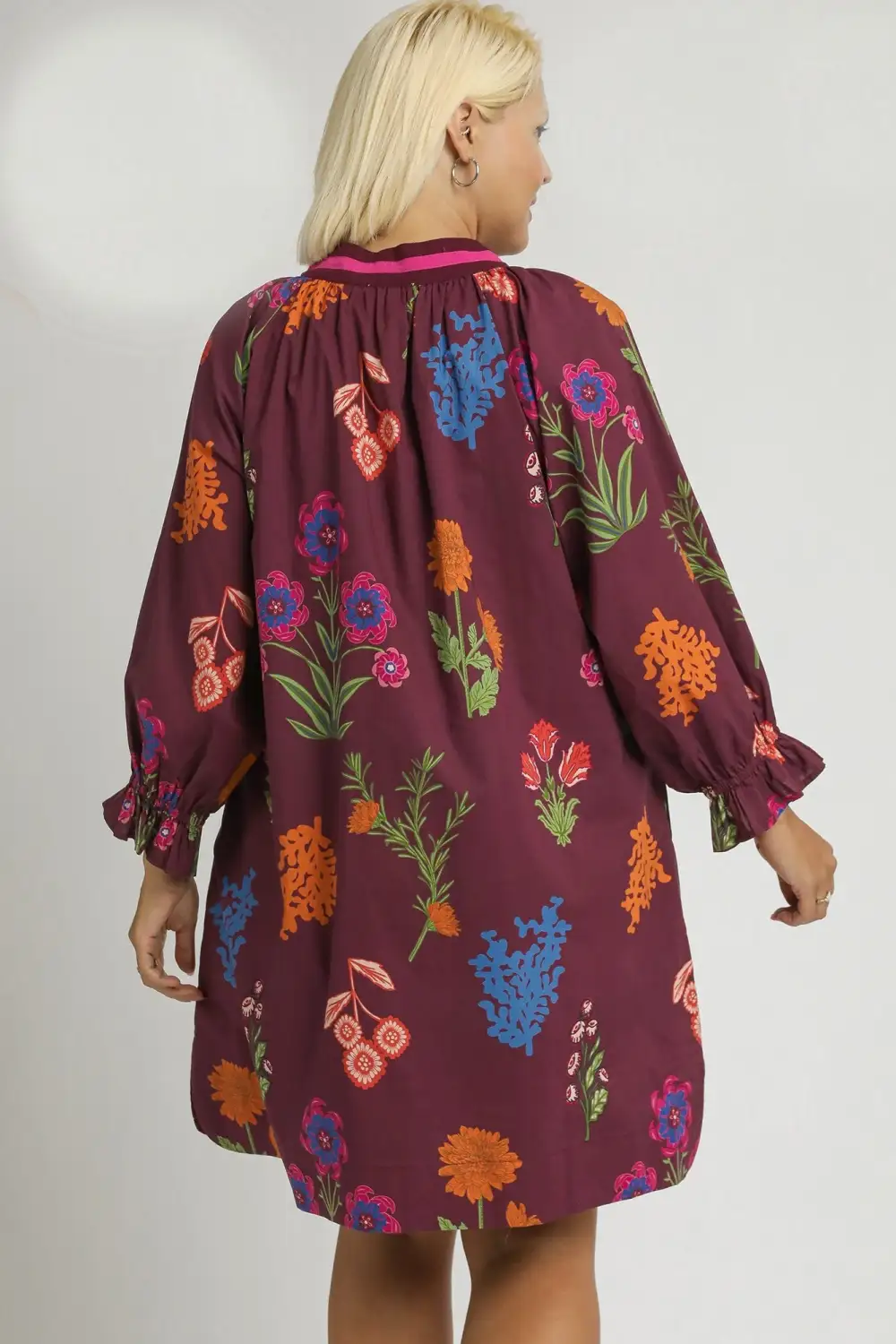 Floral Striped Ruffle Detail Balloon Sleeve Dress