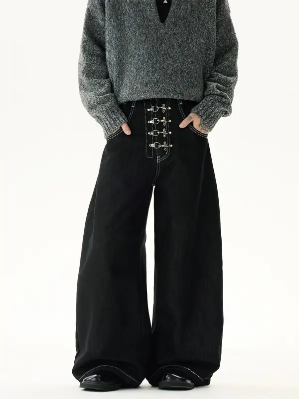 Wide-Leg Hardware-Detail Contrast-Stitch Jeans