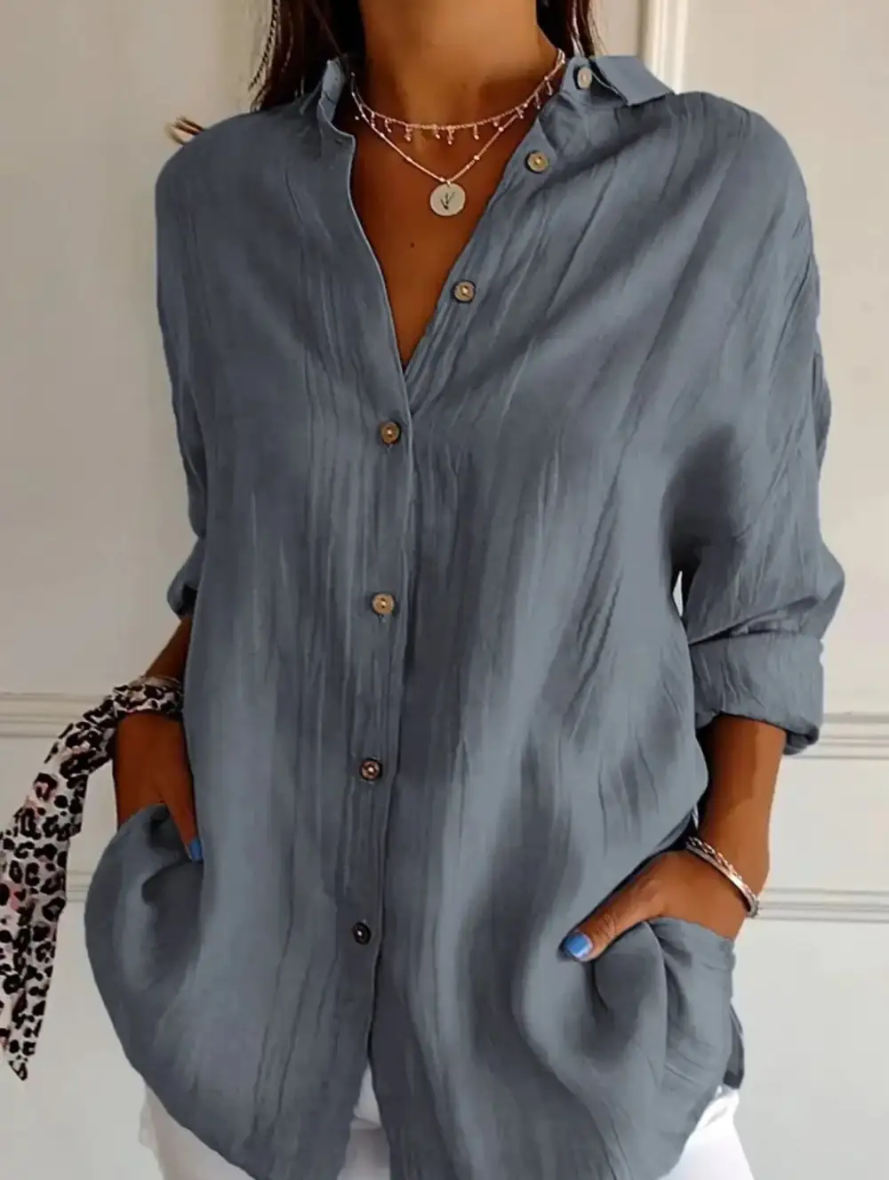 Button Detail Pleated Button-Up Shirt