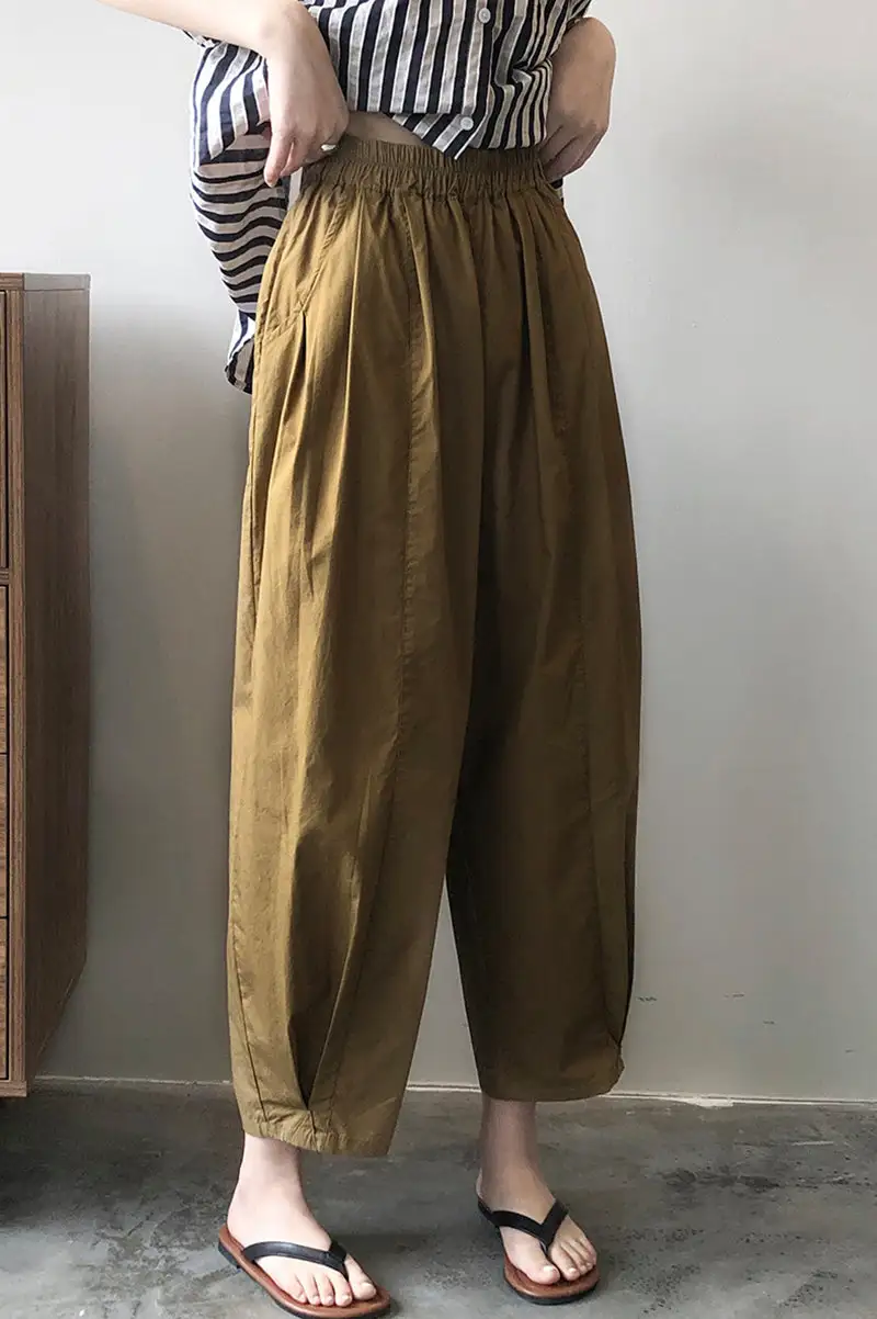 Refined Cotton Wide Leg Elastic Waist Pocketed Trousers