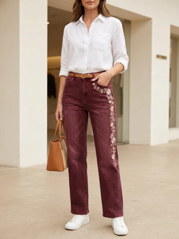 Women's Blue Floral Embroidered Straight-Leg Straight Leg Jeans