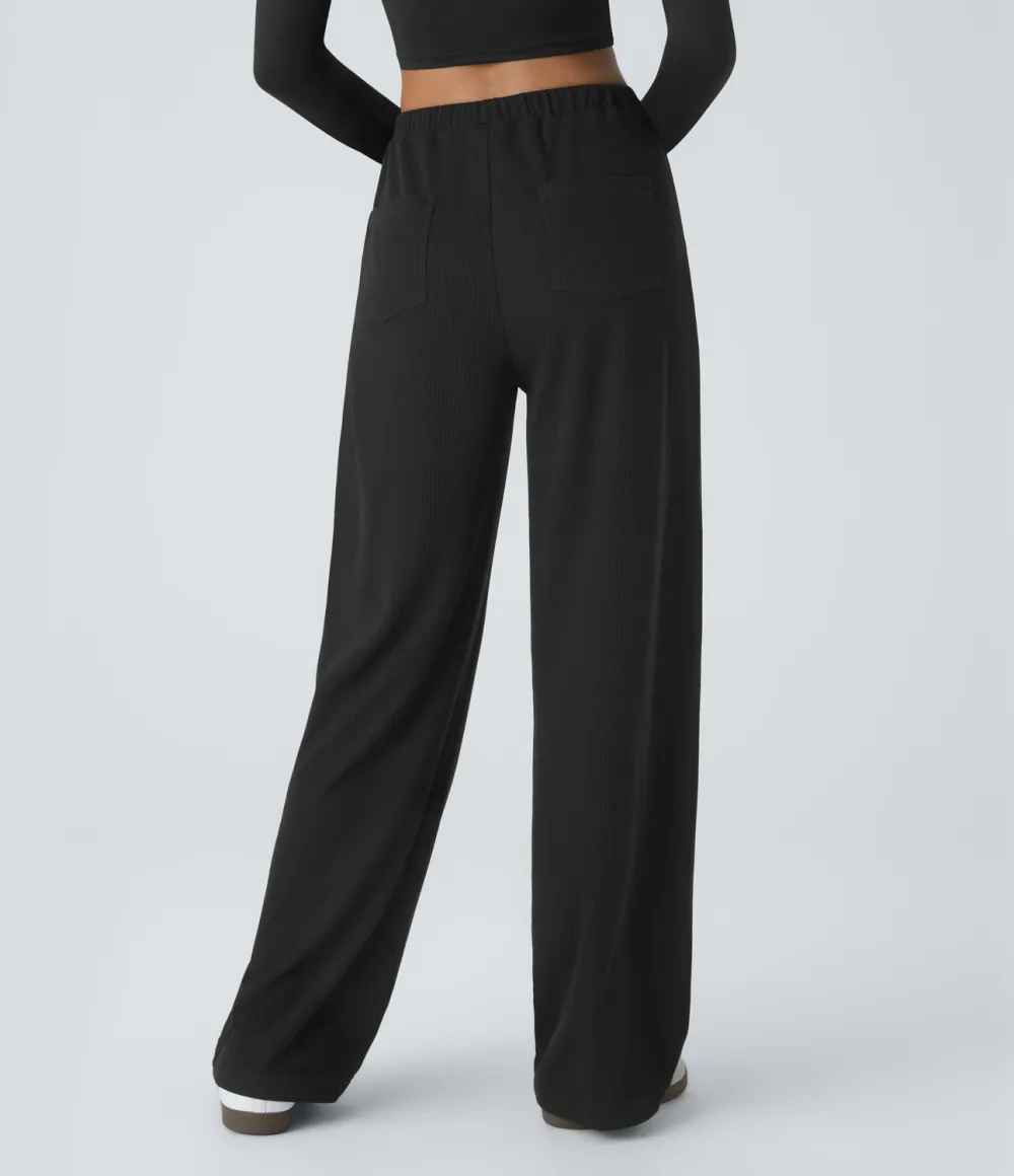 Ribbed Mid Low Rise Inside Drawstring Multiple Pockets Wide Leg Casual Pants