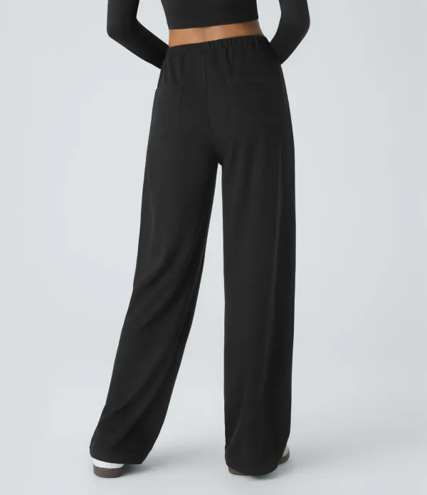 Ribbed Mid Low Rise Inside Drawstring Multiple Pockets Wide Leg Casual Pants