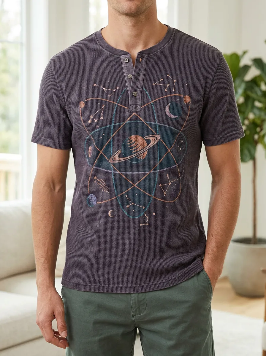 Men's Astronomy Lover Saturn Planet Constellation Printed Henley T-shirt