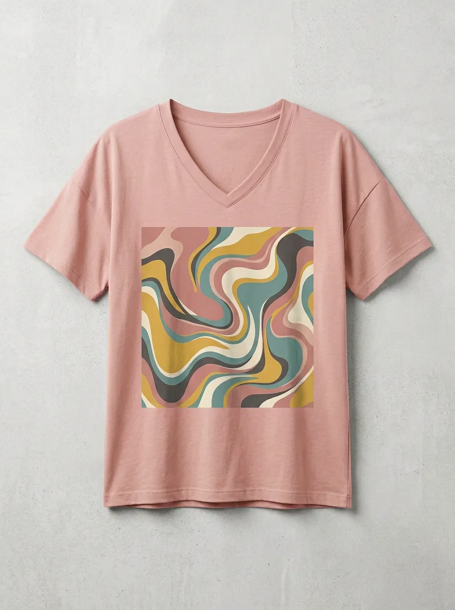 Women's Retro Aesthetic Abstract Swirl Printed V-Neck T-Shirt Relaxed Design