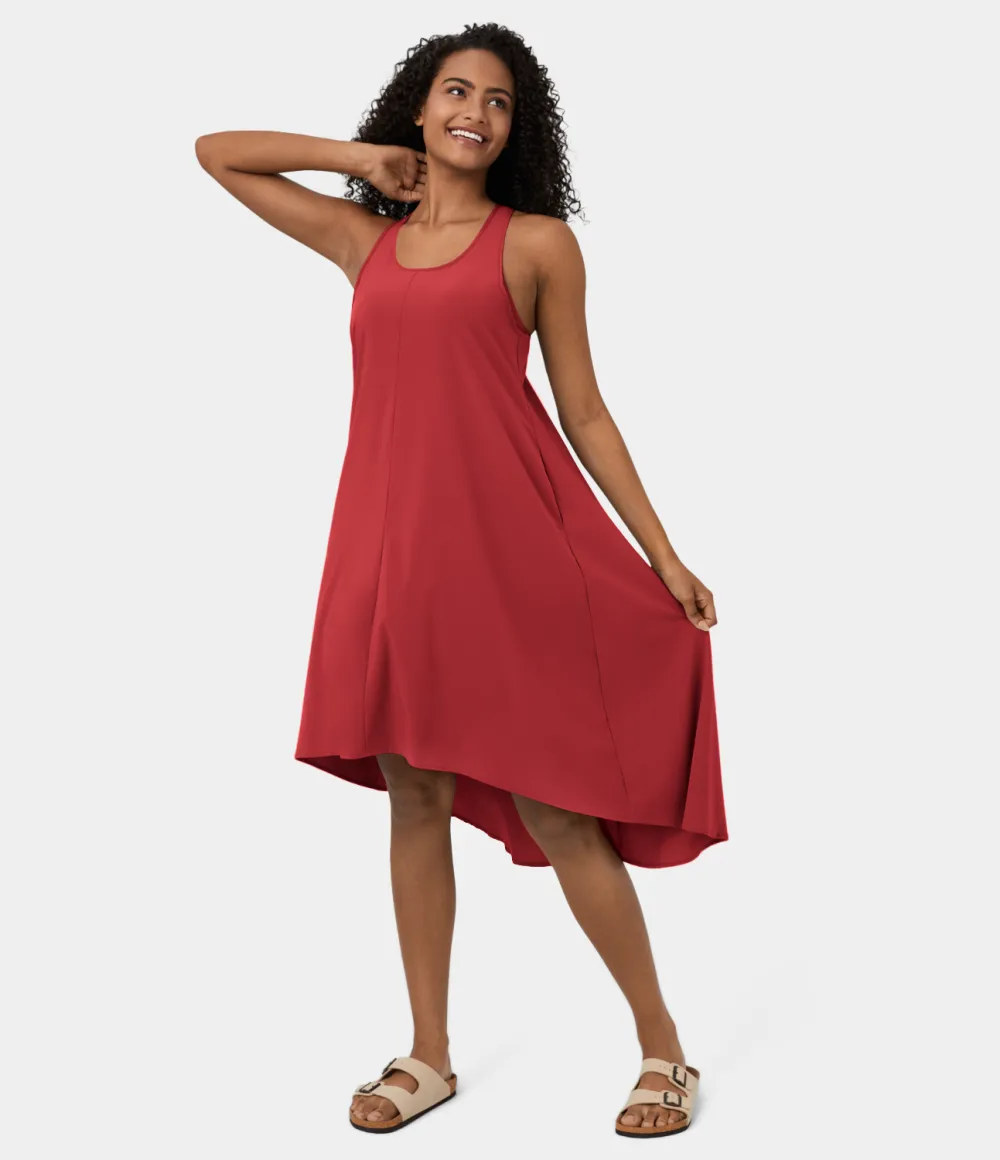 Breezeful Backless Racerback Side Pocket High Low Flowy Midi Quick Dry Casual Dress