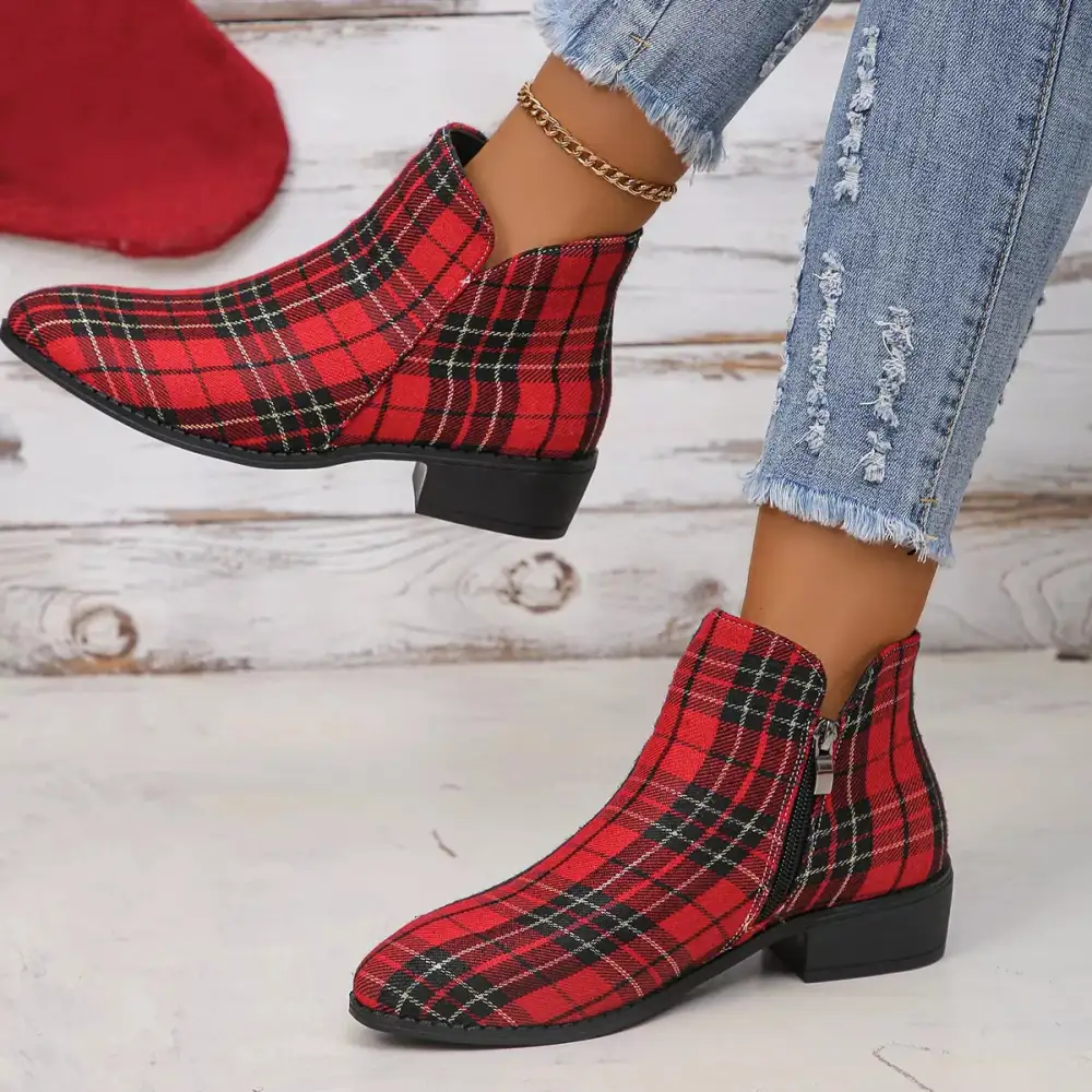 Plaid Pointed Toe Ankle Boots